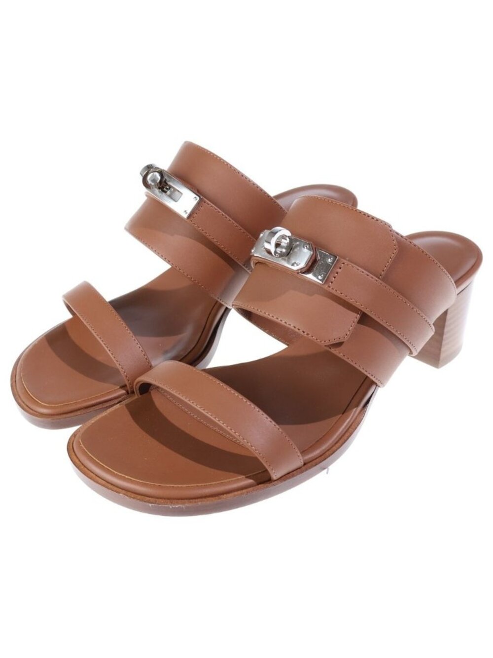 Hermes Sandals Ninon Kelly Buckle Calfskin Brown Silver